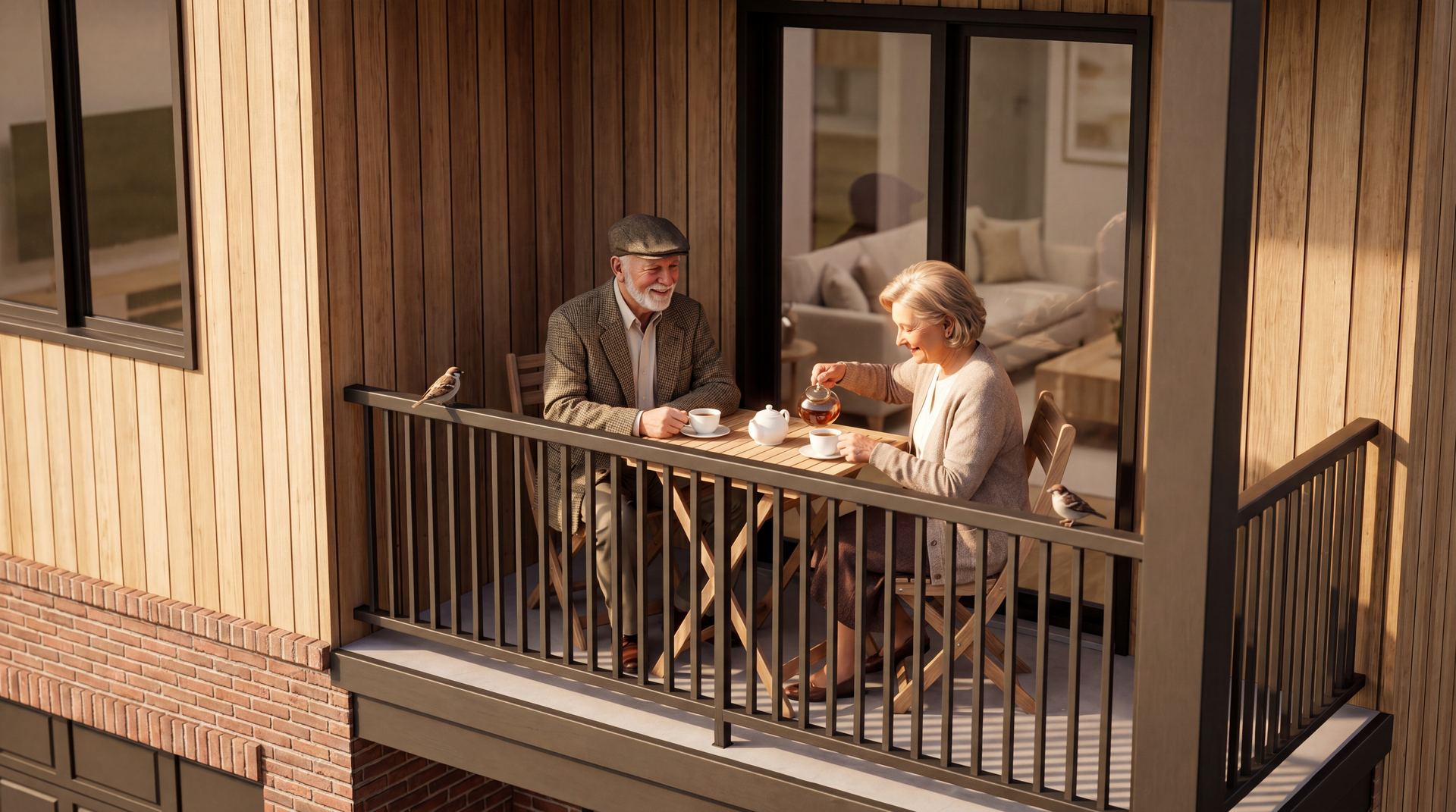 Couple together on balcony at dusk